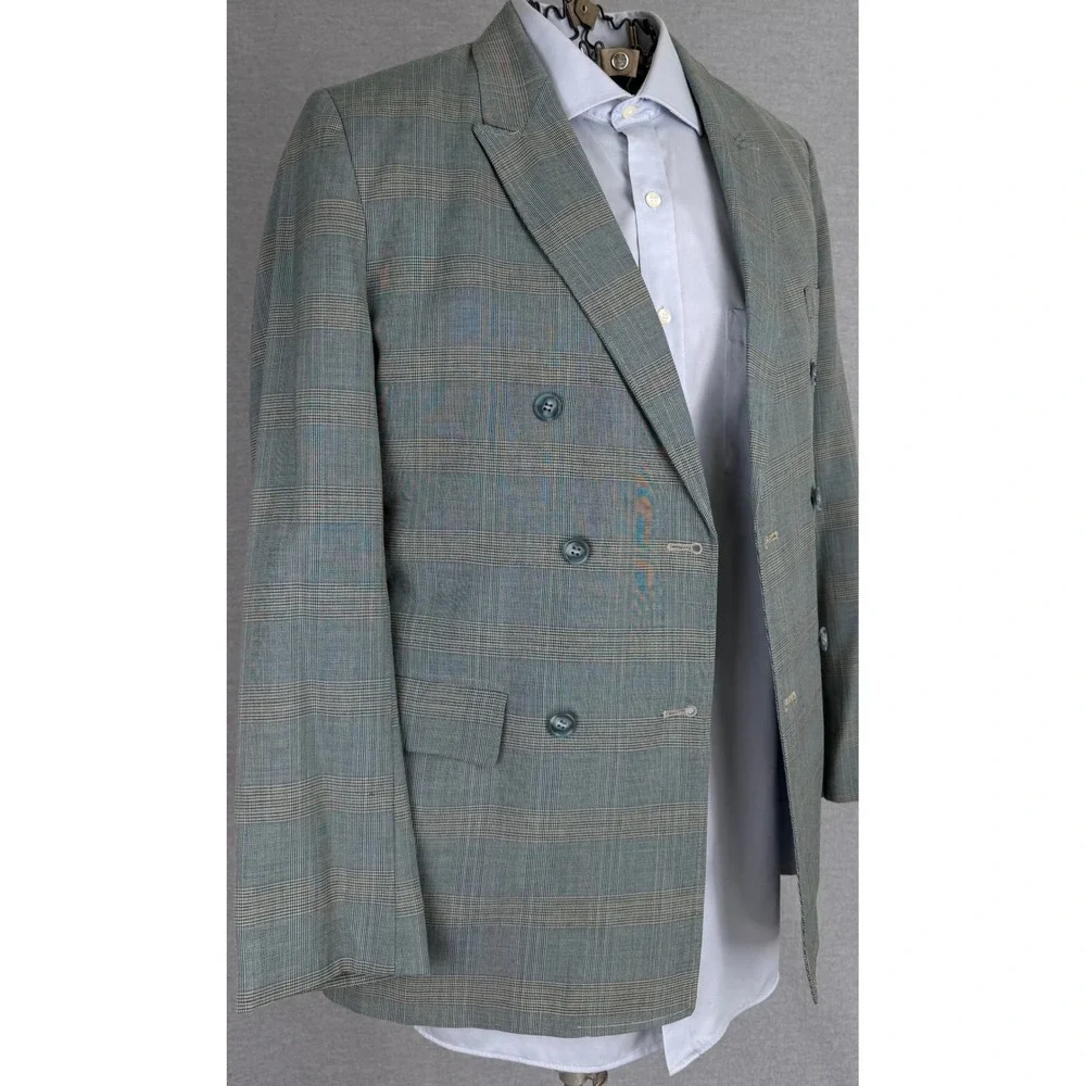 Vintage 60s Sears Pacemaker‎ Double Breasted Glen Plaid Blazer Grey Blue 36S